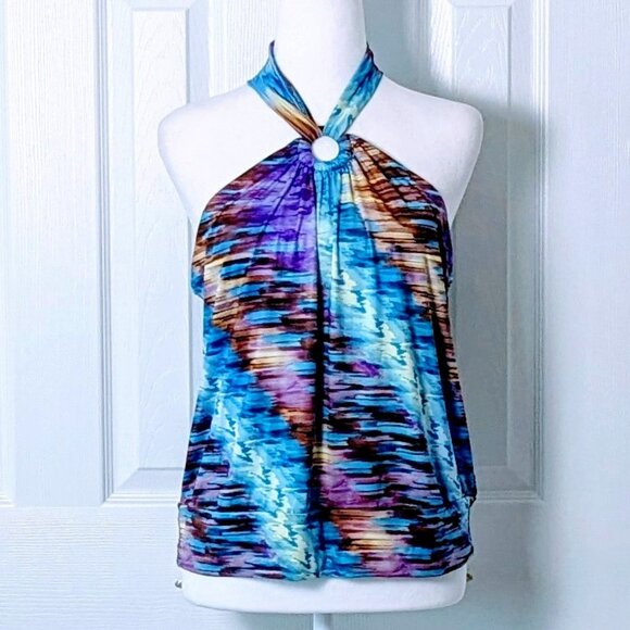 ARIELLA Women's Watercolor Halter Top Blouse Size M Bold Multi Color Print - Picture 1 of 6